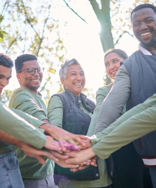 Team, motivation and friends in a huddle while hiking together in the forest or woods from below. F.